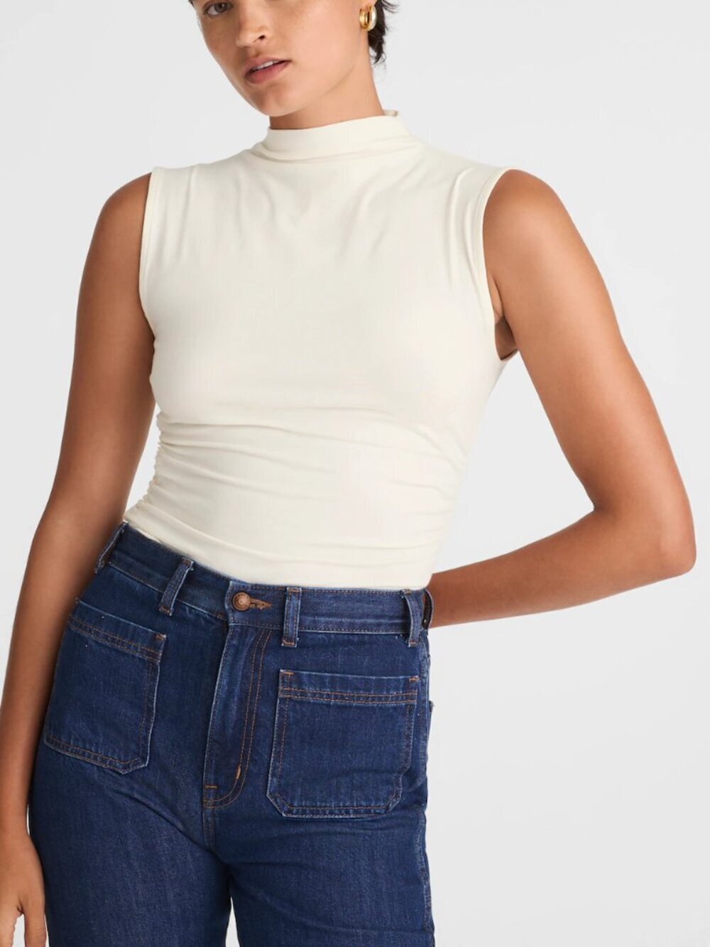 Madewell Ruched Mockneck Drapey Cotton Slim Fit Tank Ivory Size XXS NWT